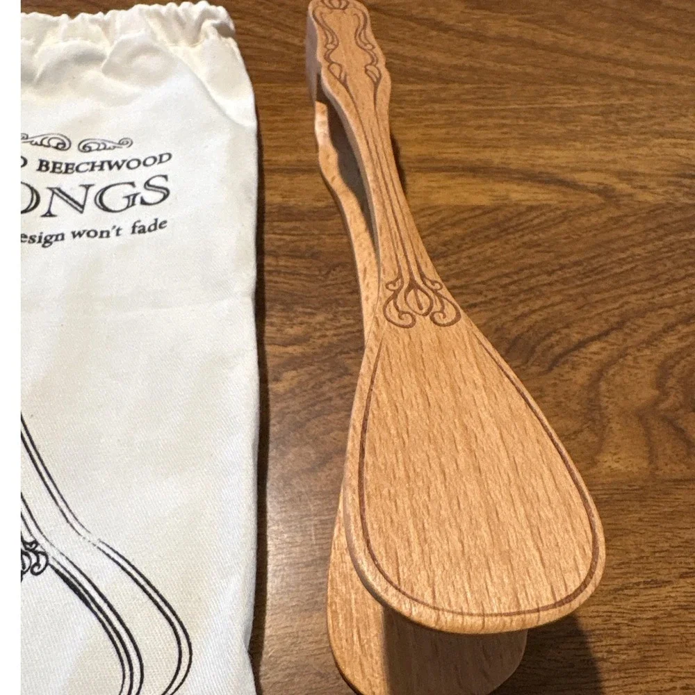 Solid Beechwood Kitchen Tongs Etched Design Serving Utensil with Storage Bag New